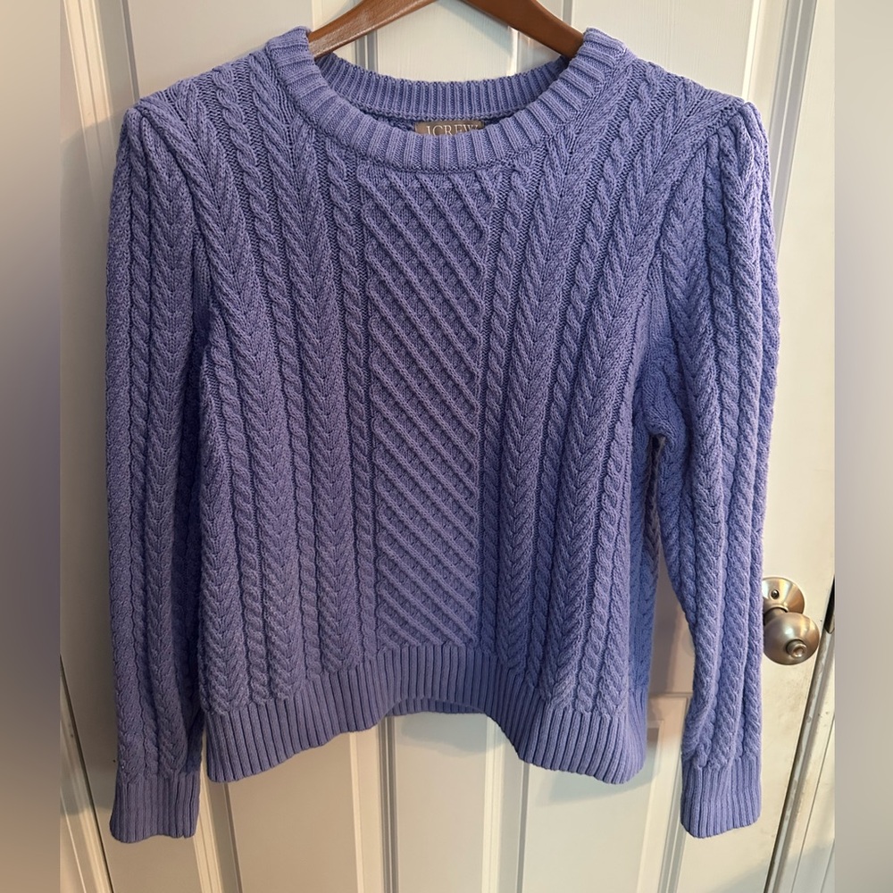 Women’s J. Crew Periwinkle Puff Sleeve Cableknit Pullover Sweater Size XL